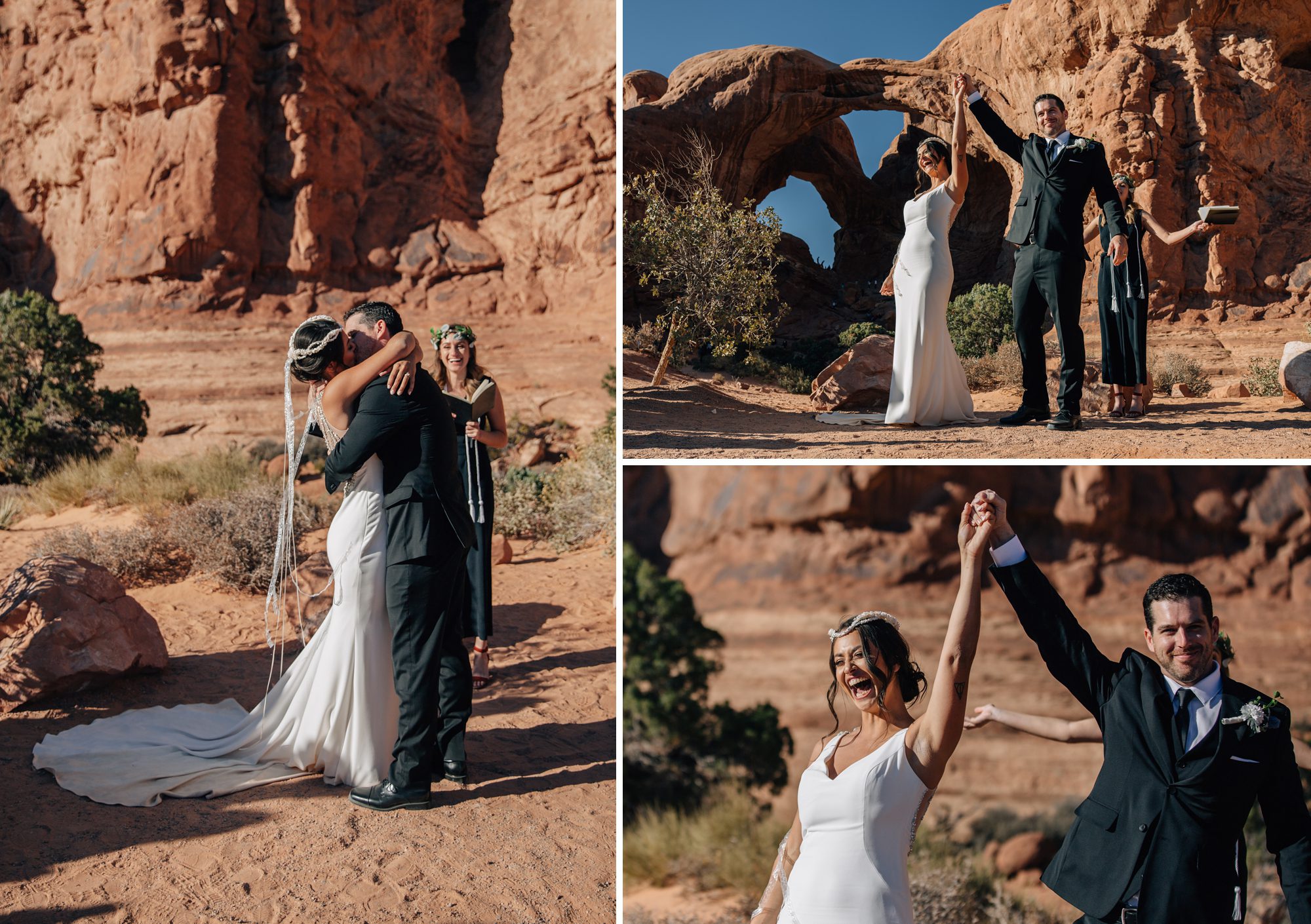 Collage showing the first kiss as husband and wife and the couple's excitement about their elopement.