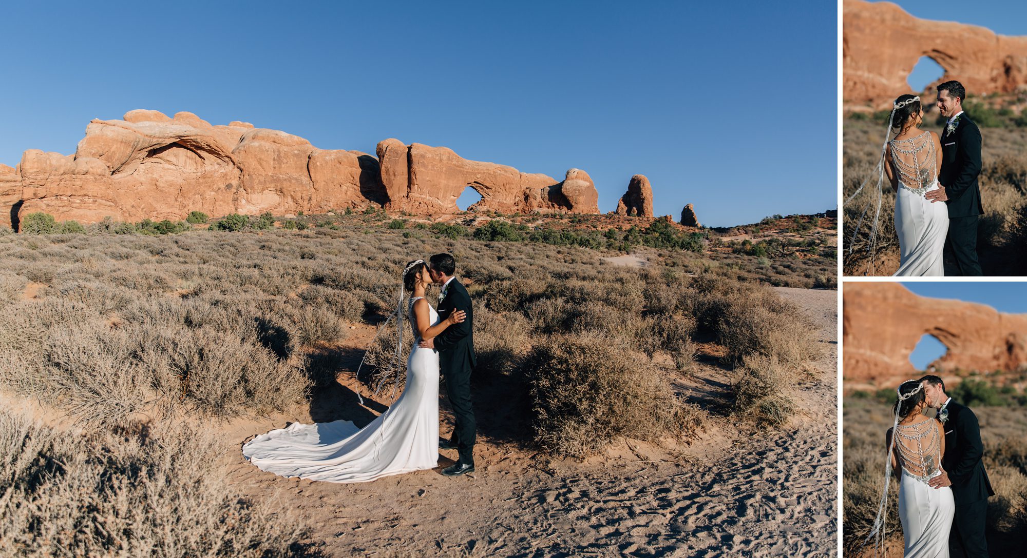 Collage showing the bride and groom kissing in front of The Windows area of Arches National Park.