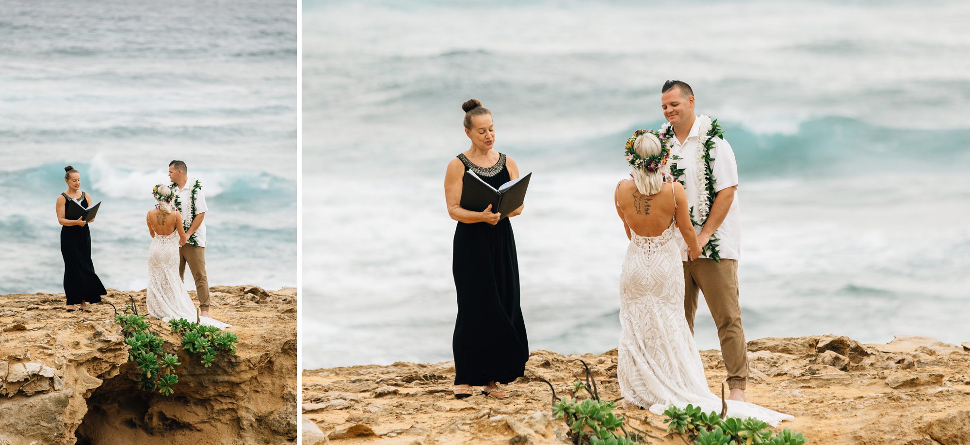 Officiant Julie Wirtz conducts elopement ceremony on a cliff in Hawaii.