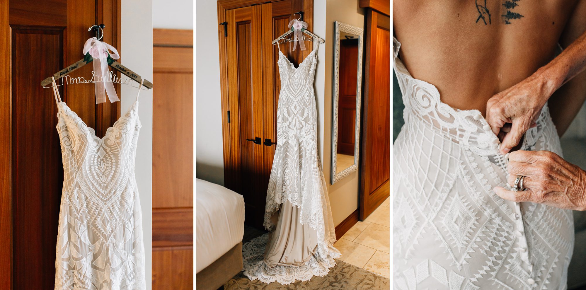 Collage of photos of a bride's dress for her elopement ceremony.