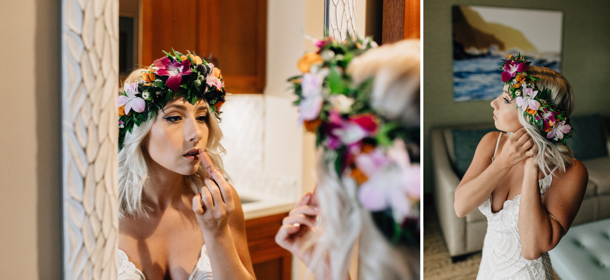 Bride gets ready for her first look at Koloa Landing Resort. She puts on lipstick and earrings.
