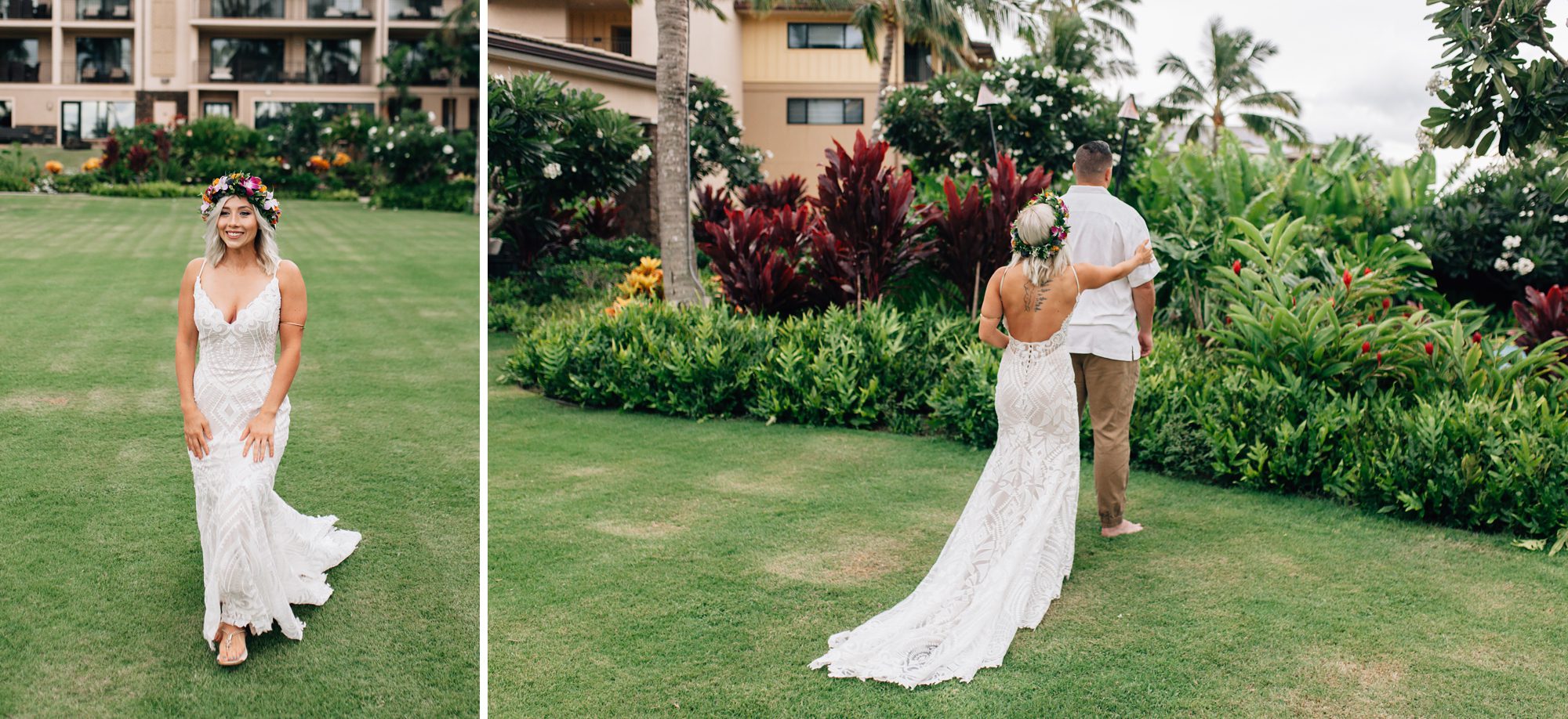 Bride walks towards groom to turn him around for their first look at Koloa Landing Resort in the garden.