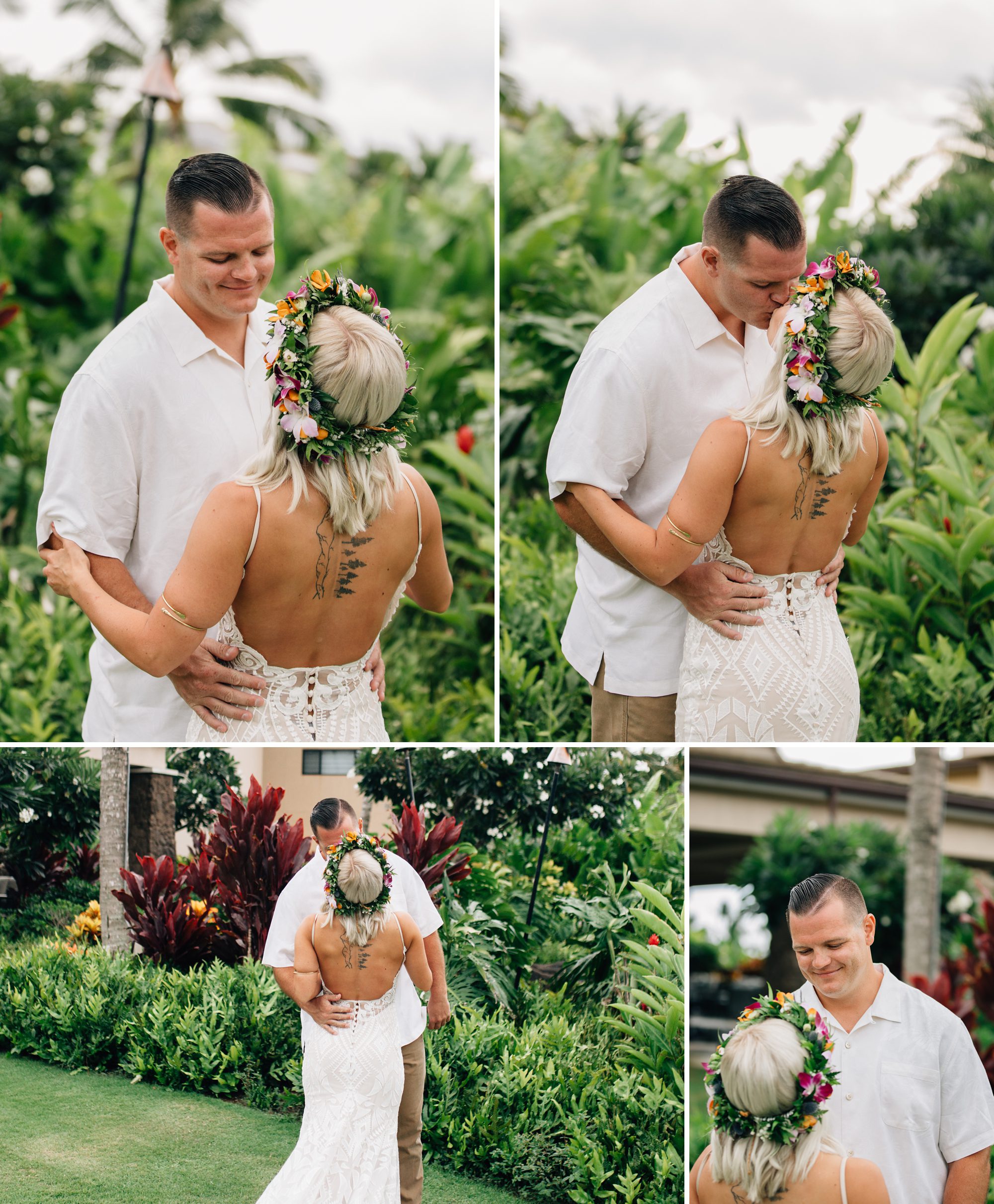 Collage showing groom's first look in a garden at Koloa Landing Resort on Kauai.