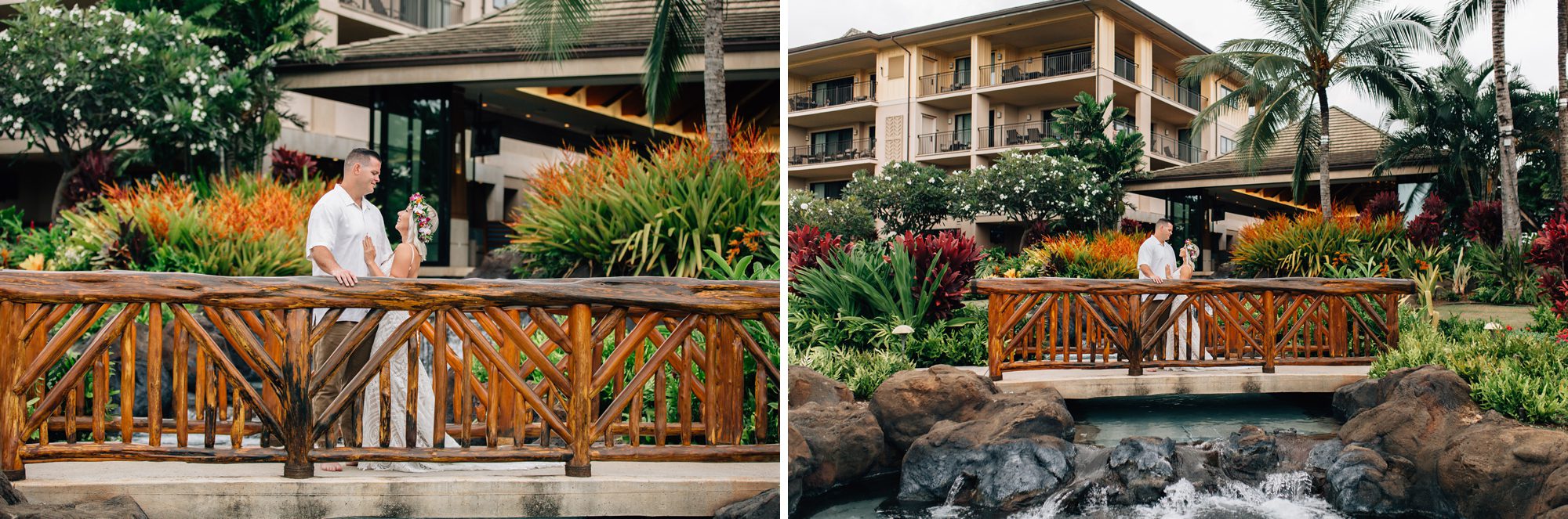 Bride and Groom stand on a bridge at Koloa Landing Resort while looking into each other's eyes..
