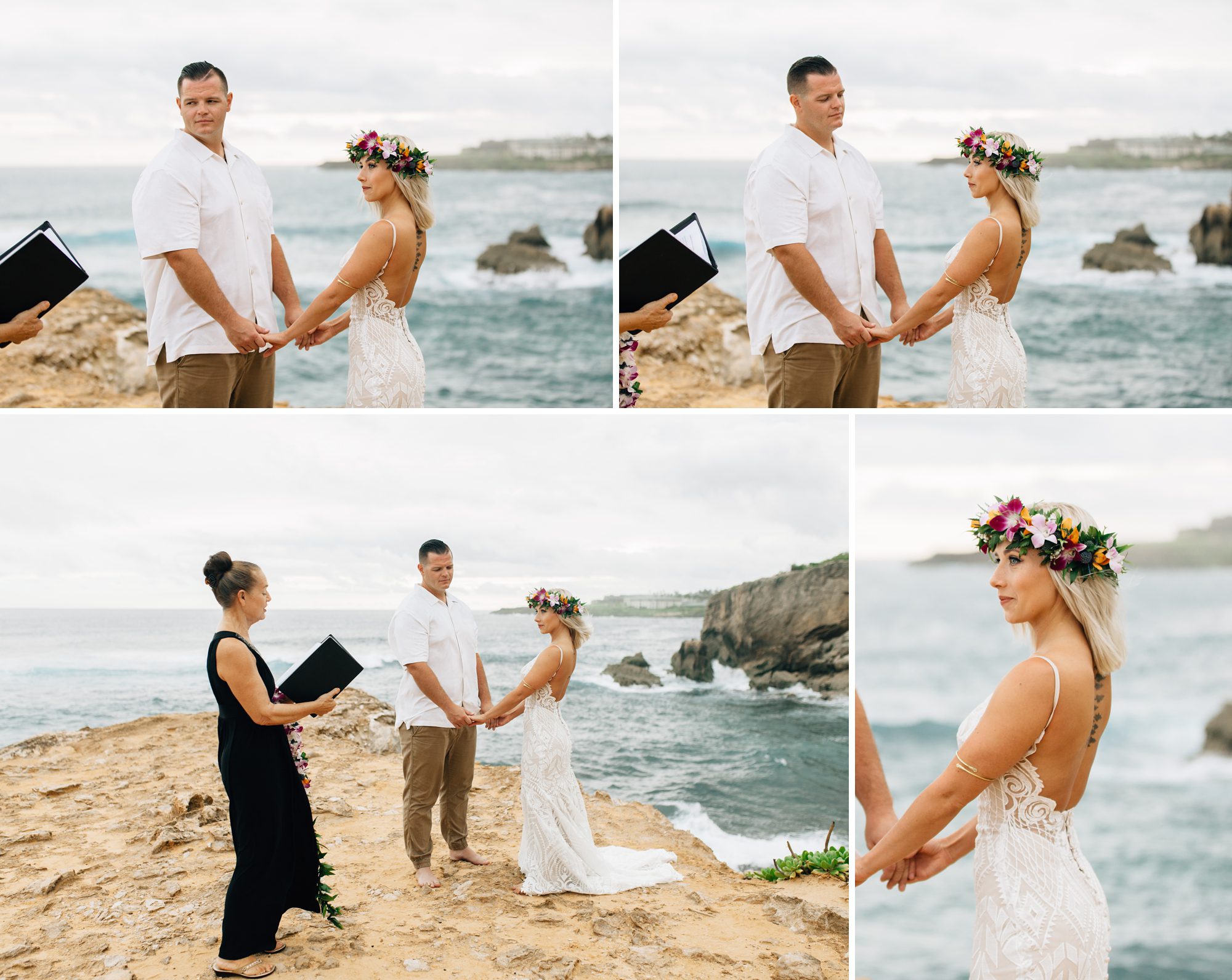 Collage of photos of bride and groom with their officiant. They are standing on a cliff overlooking the ocean.