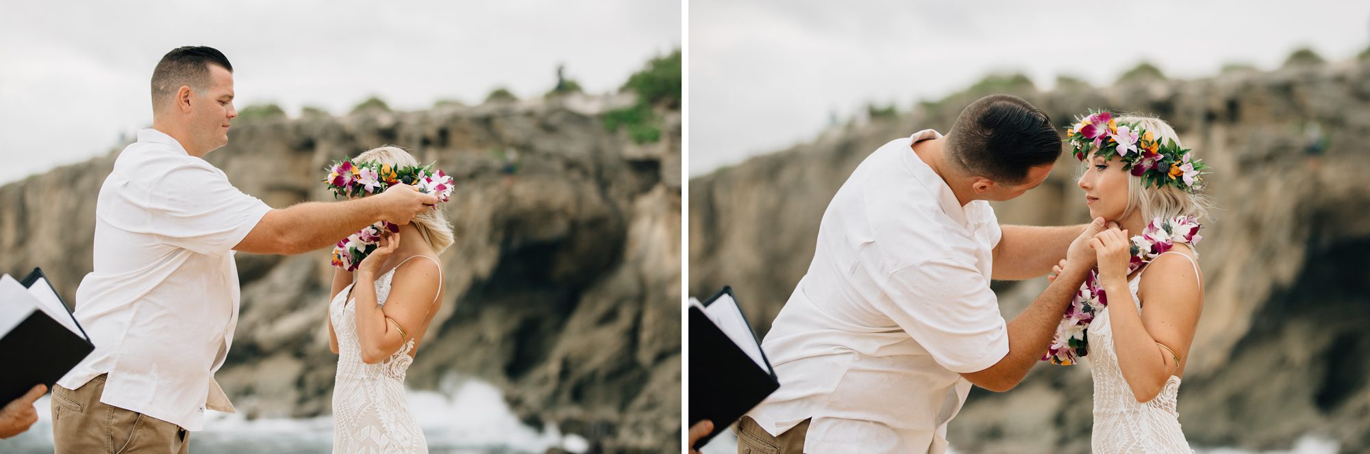 Groom puts bright floral lei on his bride at their elopement ceremony.