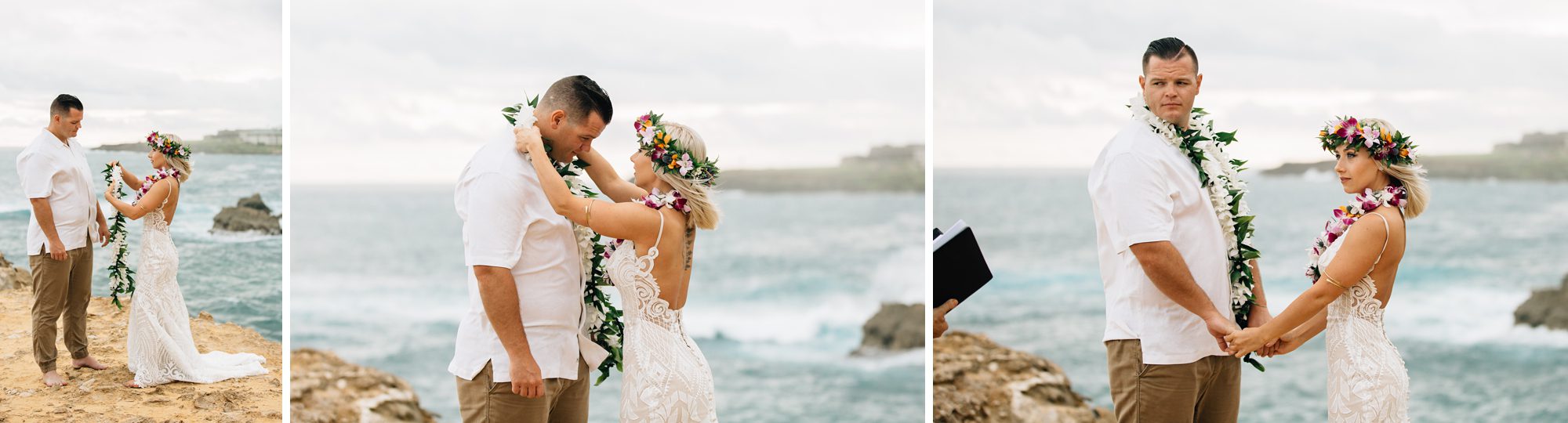 Bride puts floral leis on groom at Hawaii elopement ceremony.