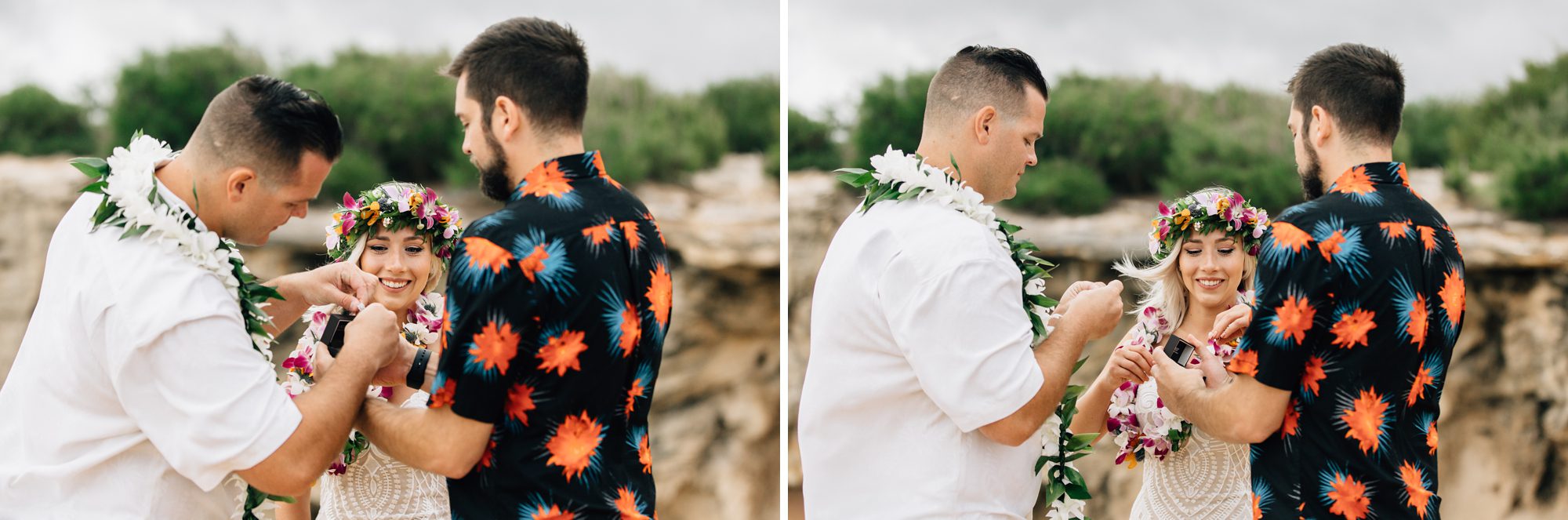Bride and groom take their rings from the ring bearer in an intimate Kauai wedding ceremony.