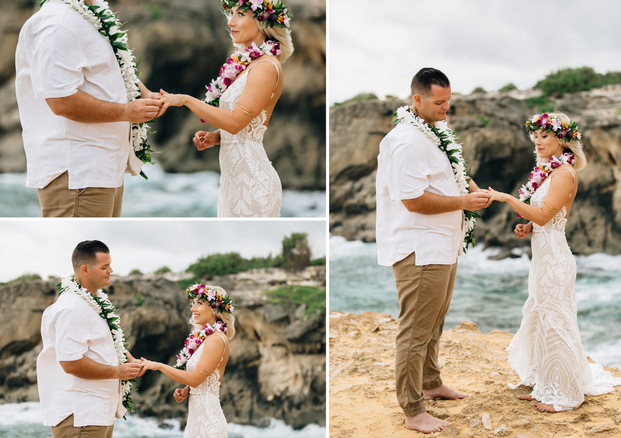 Collage showing groom putting the bride's ring on her finger at intimate Kauai wedding ceremony.