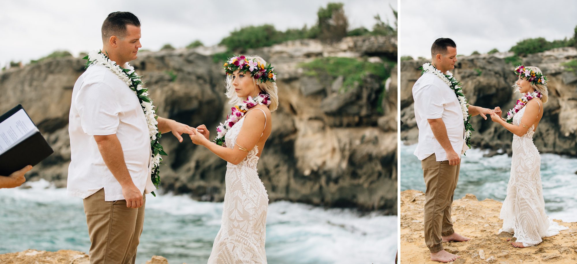 Bride says I do as she puts a ring on the groom's finger.