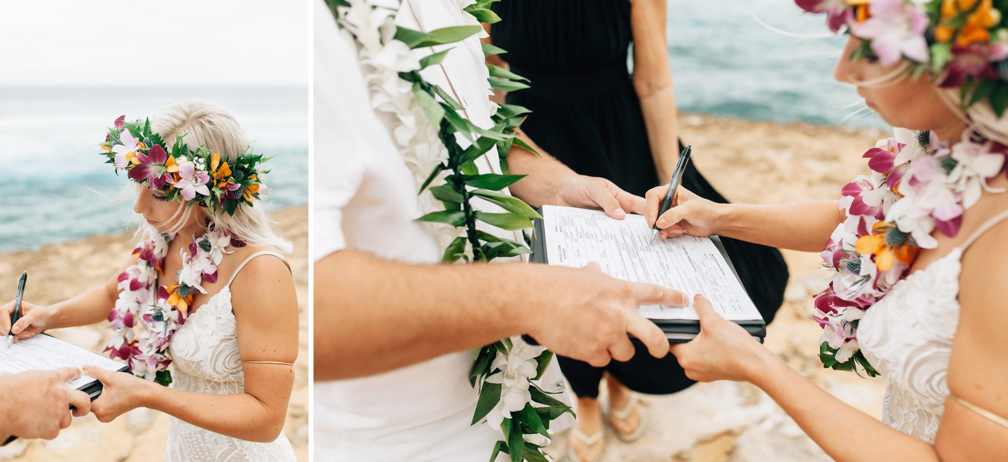 Bride signs marriage certificate after Kauai elopement.