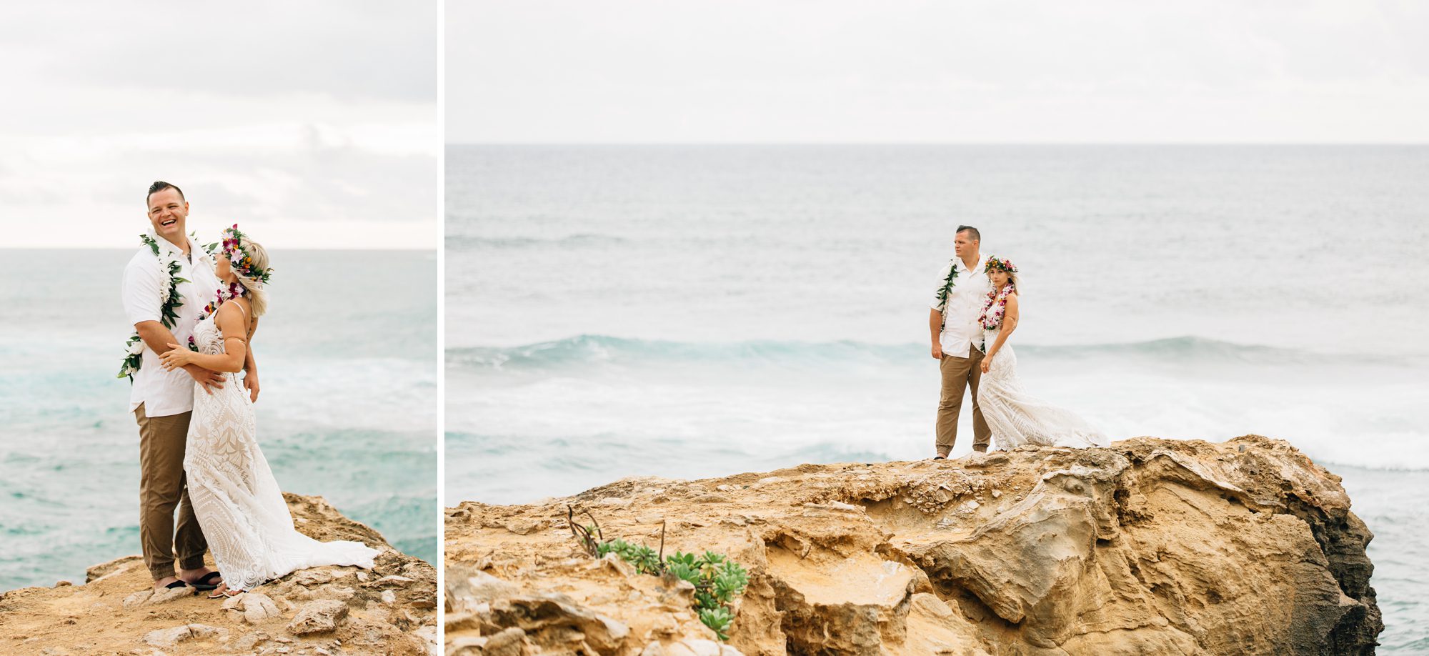 Bride and groom pose on a cliff in Hawaii.