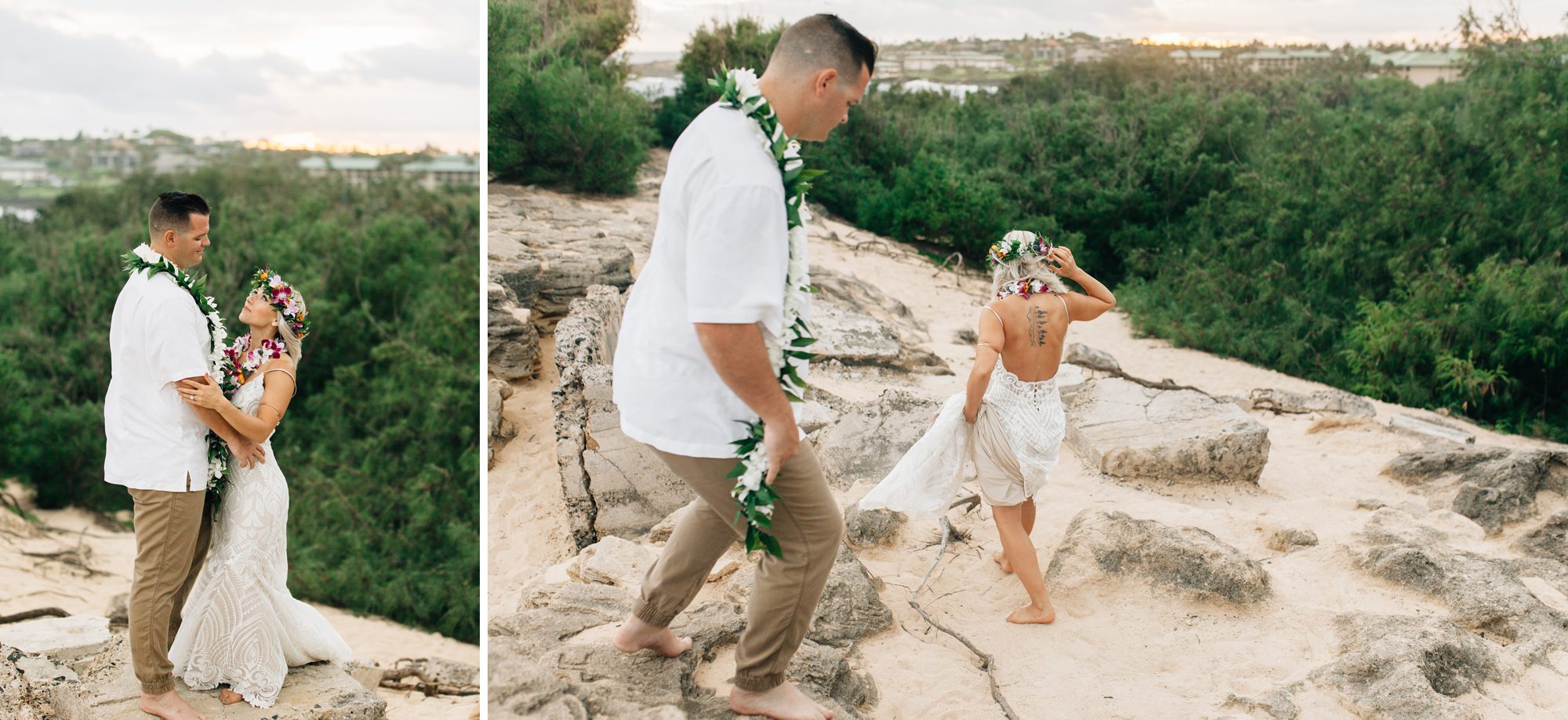 Bride and groom hike down after their cliff elopement ceremony.